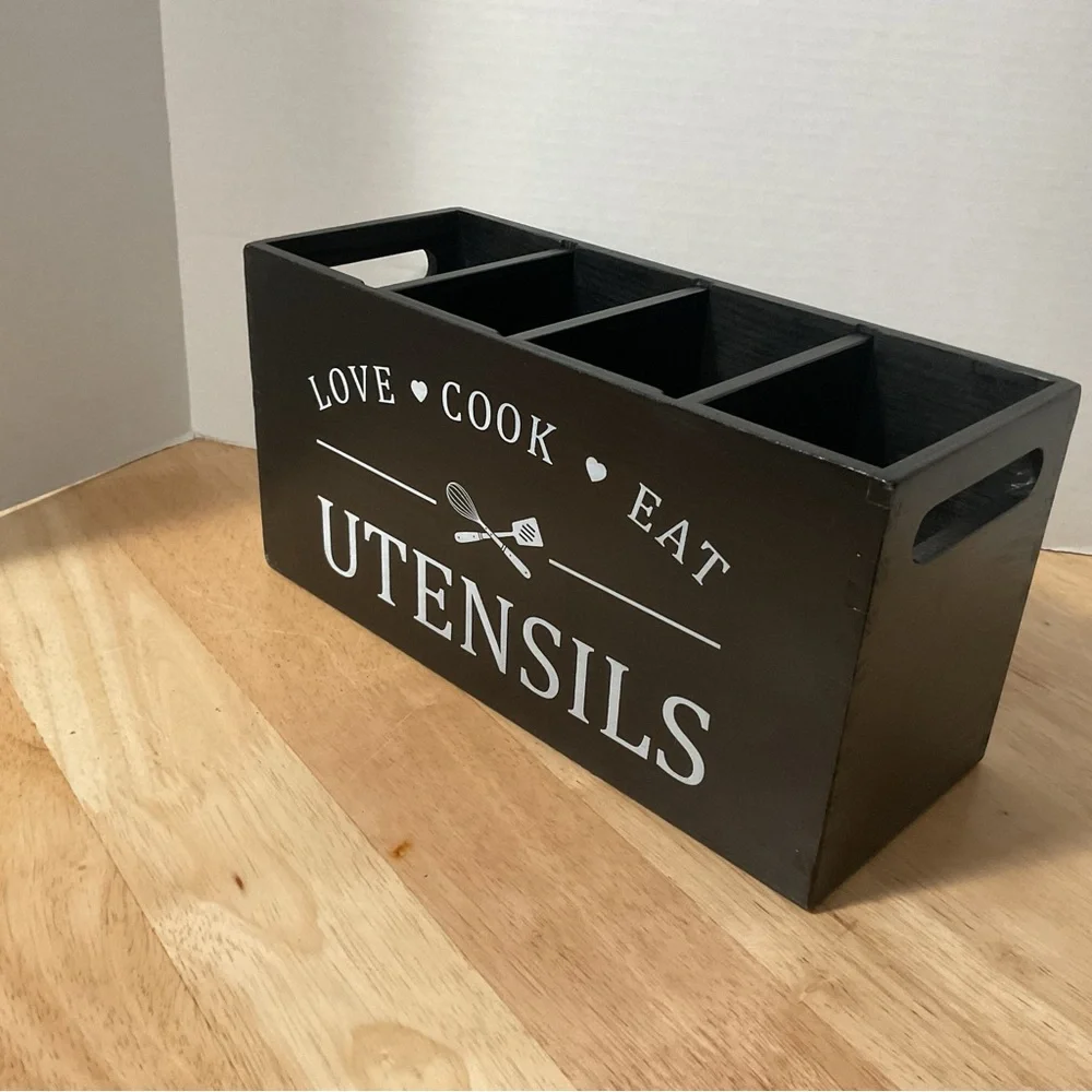 Large Kitchen Utensils Holder Customizable Compartments Wooden Utensil Organize